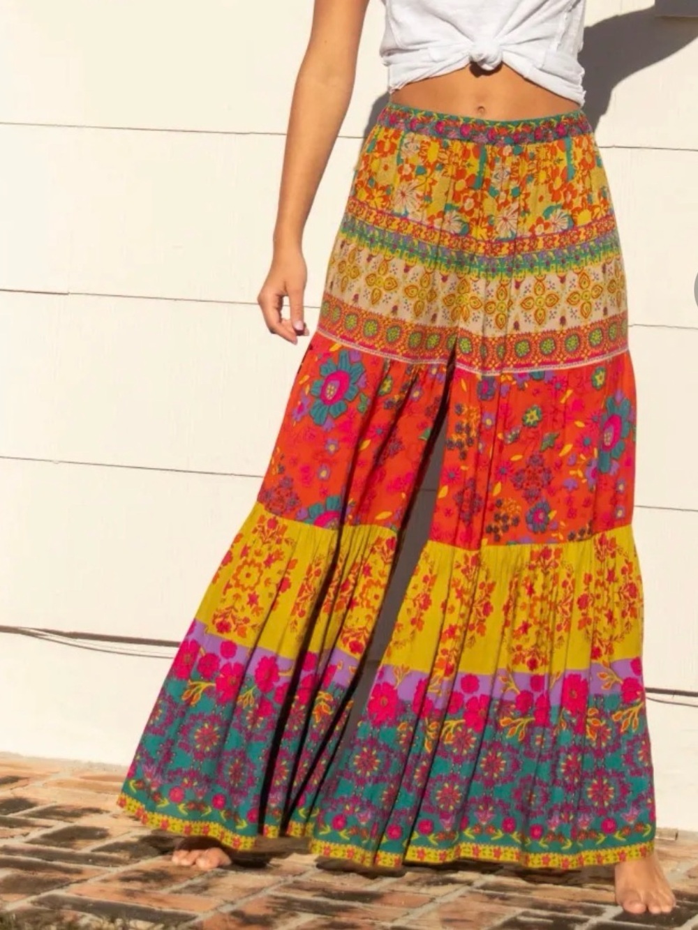 Natural Life- Bohemian Wide-Leg Floral Tiered Pants - Cream Multi - Picture 2 of 9
